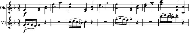 
<< 
  \new Staff \with { instrumentName = #"Ob." midiInstrument = "oboe"}  
  \relative c'' { \set Score.tempoHideNote = ##t \tempo 4 = 132
    \key f \major
    \tempo "Allegro"
    \time 3/4
     f,4 \f <f a> <a c>
     << \relative  {f'' a2} \relative {c''2.} >> 
     <c f>4 <e, g> <g c> 
     << \relative  {e'' g2} \relative {c''2.} >>
     <a f'>4 <f a> <a d>
     <d f> <f a>2
     <f c'>4 <f, c'> <c c'>
  }
  \new Staff \with { instrumentName = #"V1" midiInstrument = "string ensemble 1"}
  \relative c' {
  \version "2.18.2"
  \tempo "Allegro"
  \key f \major
  \time 3/4
  f16\f (g f e) f4-. r |
  R1*3/4 |
  c'16( d c b) c4-. r |
  R1*3/4 |
  f16( g f e) f4-. r |
  R1*3/4 |
  c'16( d c b) c4-. r |
}
>>
