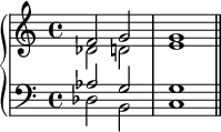 
   \new PianoStaff <<
      \new Staff <<
         \new Voice \relative c' {
             \stemUp \clef treble \key c \major \time 4/4
             f2 g g1 
             }
         \new Voice \relative c' {
             \stemDown
             des2 d e1 
             }
            >>
     \new Staff <<
         \new Voice \relative c' {
             \stemUp \clef bass \key c \major \time 4/4
             aes2 g g1
             }
         \new Voice \relative c' {
             \stemDown
             des,2 b c1 \bar "||"
             }
         >>
    >>
