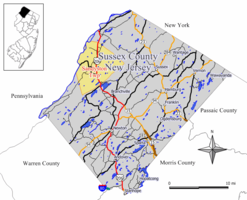 Map of Sandyston Township in Sussex County. Inset: Location of Sussex County highlighted in the State of New Jersey.