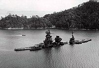 Bombed out wreck of Hyūga sunk in shallow waters of Hiroshima Bay, 1945