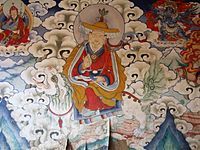 Gyalpo Dharma protector. Detail of a modern mural painted in the gateway of Gangteng Gonpa monastery.