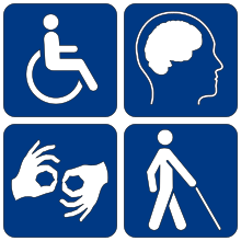 Clockwise from top left: A person using a wheelchair, A side profile outline of a person's head with their brain outlined, a person using a white cane, two hands in the form of the "interpret" sign. All figures are stylized, outlined with white and set on four dark blue rounded squares.